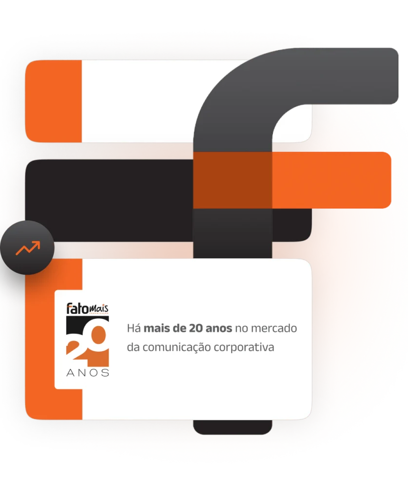 Composição oficial da FatoMais com elementos de comunicação e a mensagem de mais de 20 anos no mercado